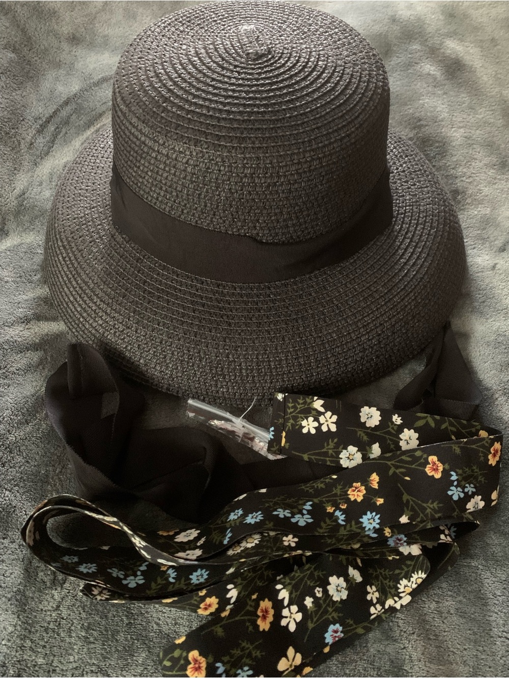 ASOS Black Straw Sun Hat with Floral Ribbon